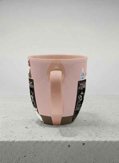 Ronny Mug | Korean Beauty & Felines side view mug cats by ornate black lacquer cabinet with floral carvings, blush pink interior, by Hyun Jung Cho