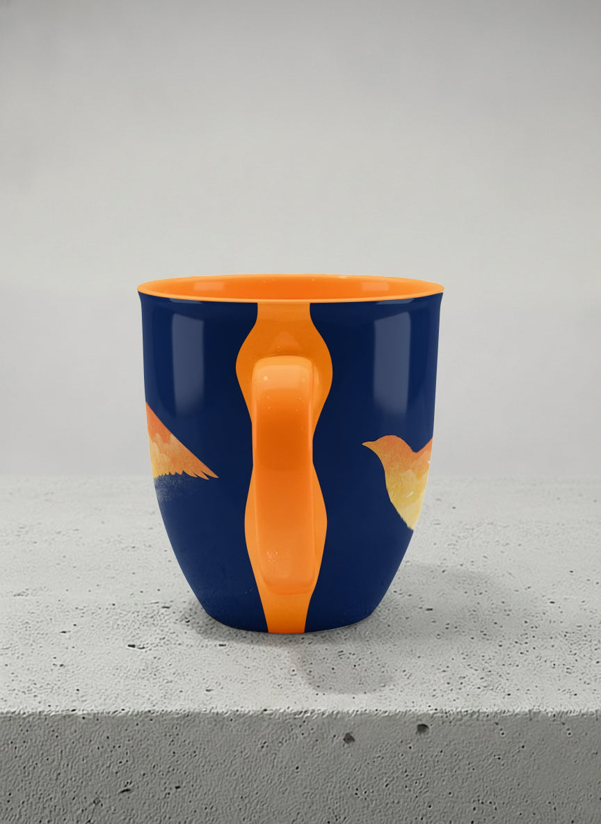 Ronny Mug | Dream Big side view mug with surreal flying bird illustration in sunset colors by Tang Yau Hoong - Gallery By Inhesion