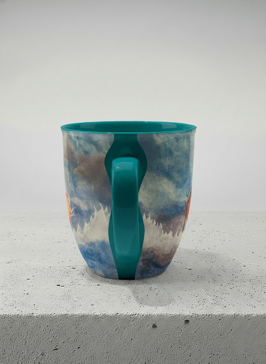 ronny mug | Sun Rise side view mug with a colorful sun rise over a misty landscape and abstract trees by Renee Pupetz - Gallery By Inhesion