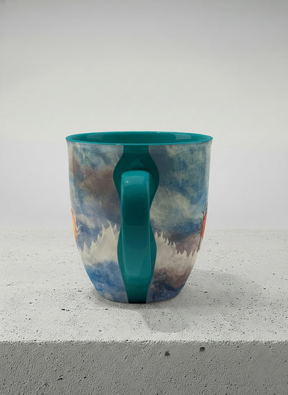 ronny mug | Sun Rise side view mug with a colorful sun rise over a misty landscape and abstract trees by Renee Pupetz - Gallery By Inhesion