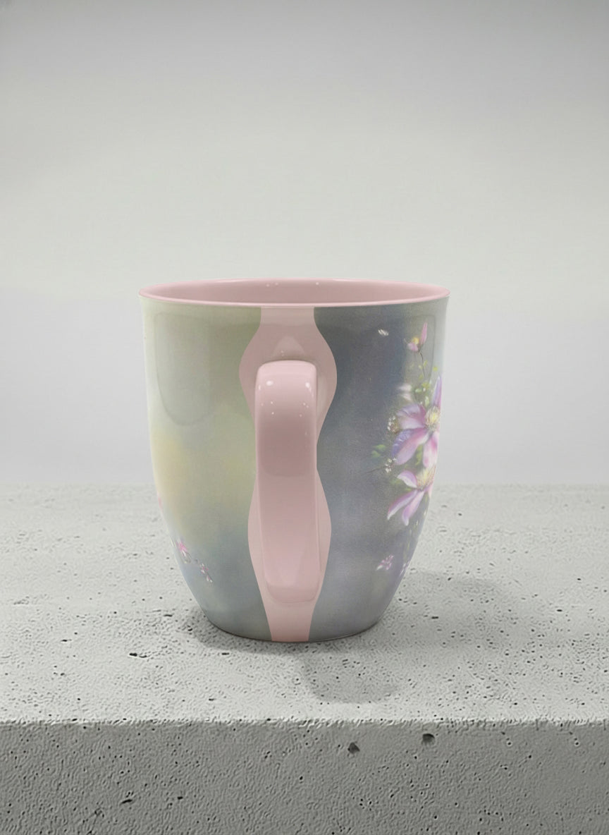 ronny mug | Ethereal Blossoms side view mug, soft pink clematis flowers glowing against a deep moody sage green mist, blush pink interior and handle, by Karina Mosser - Gallery By Inhesion