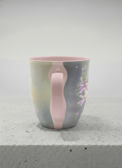ronny mug | Ethereal Blossoms side view mug, soft pink clematis flowers glowing against a deep moody sage green mist, blush pink interior and handle, by Karina Mosser - Gallery By Inhesion