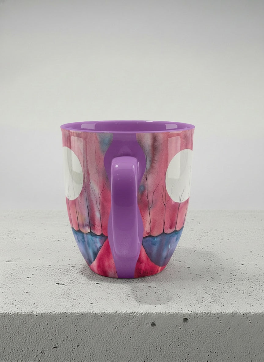 ronny mug | Sail the Moon side view mug with watercolor night scene, boat silhouette, trees and full moon, purple handle and interior by Renee Pupetz - Gallery By Inhesion