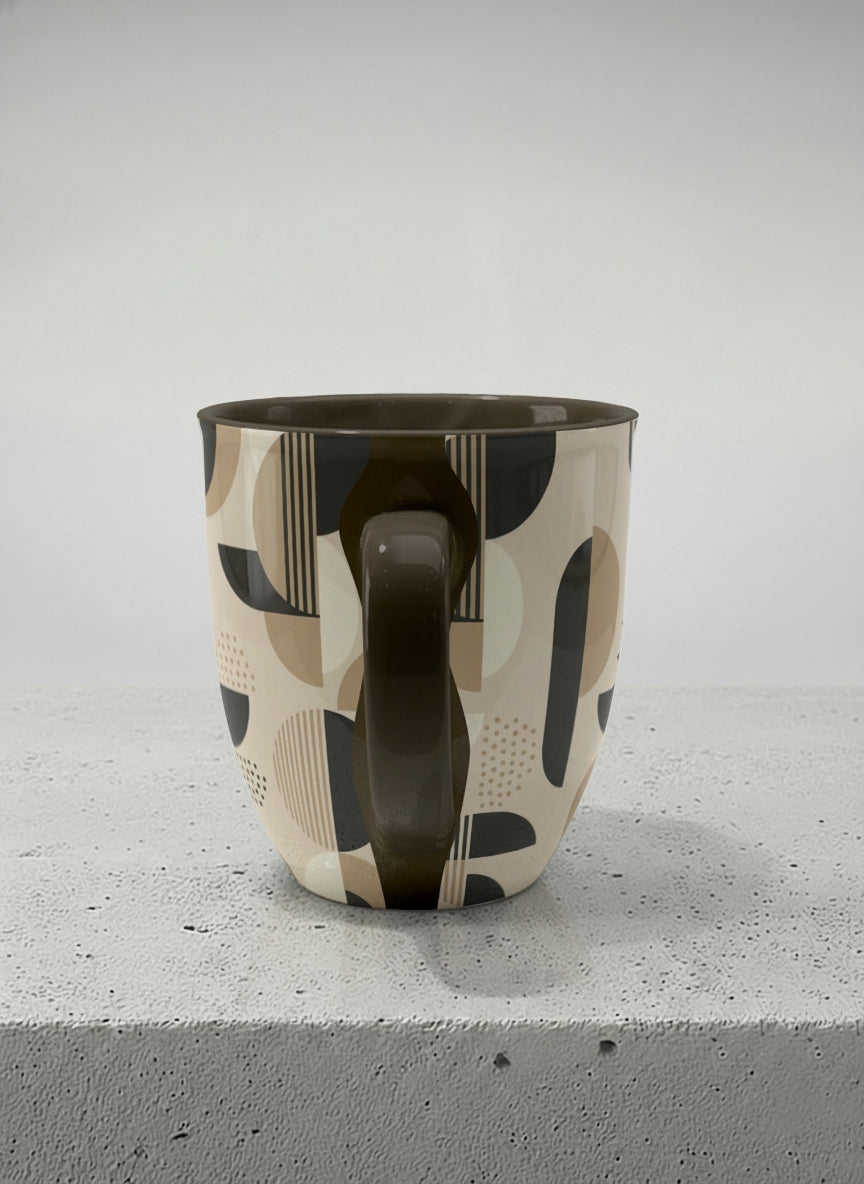 Ronny Mug | Parallel Dune Echo side view mug, beige and charcoal geometric shapes with dots and stripes, dark interior and handle, by Alan CL Lee - Gallery By Inhesion