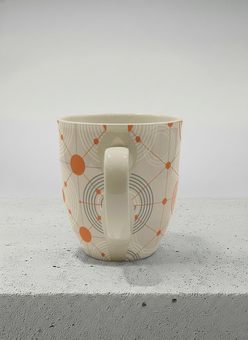 Ronny Mug | Entangled Terracotta Web side view mug, orange geometric circle pattern, cream finish, by Alan CL Lee - Gallery By Inhesion