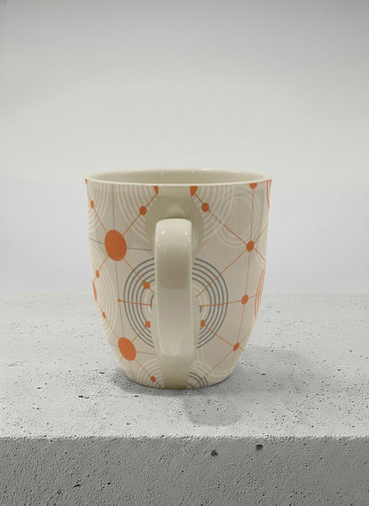 Ronny Mug | Entangled Terracotta Web side view mug, orange geometric circle pattern, cream finish, by Alan CL Lee - Gallery By Inhesion