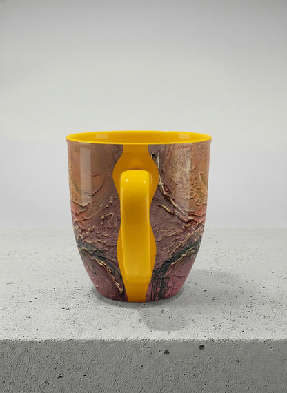 Ronny Mug | Fiery Arabesque side view mug showing abstract marbled pattern in earthy brown, red, and gold tones by Mersedes Mein - Gallery By Inhesion