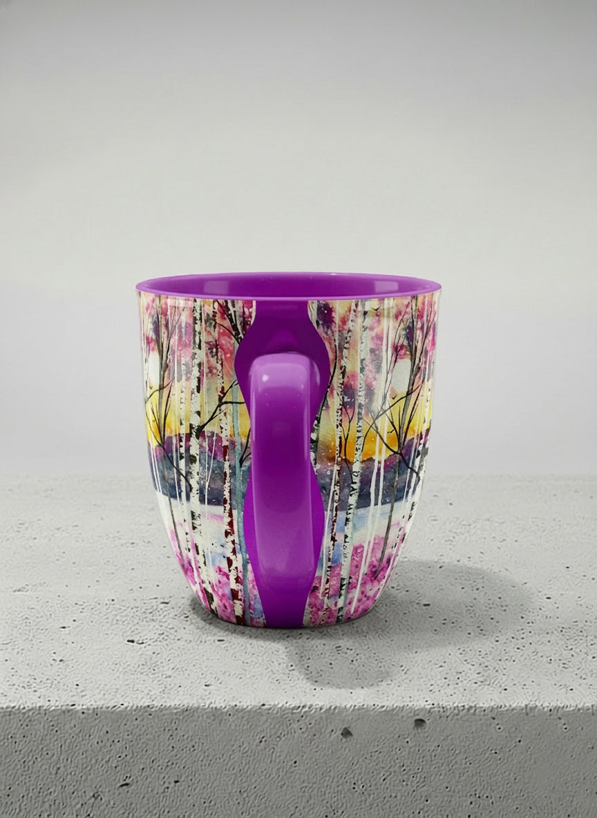 ronny Mug | Living in Colour side view mug shows colorful watercolor birch trees in a dreamy forest landscape by Renee Pupetz - Gallery By Inhesion