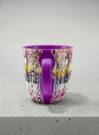 ronny Mug | Living in Colour side view mug shows colorful watercolor birch trees in a dreamy forest landscape by Renee Pupetz - Gallery By Inhesion