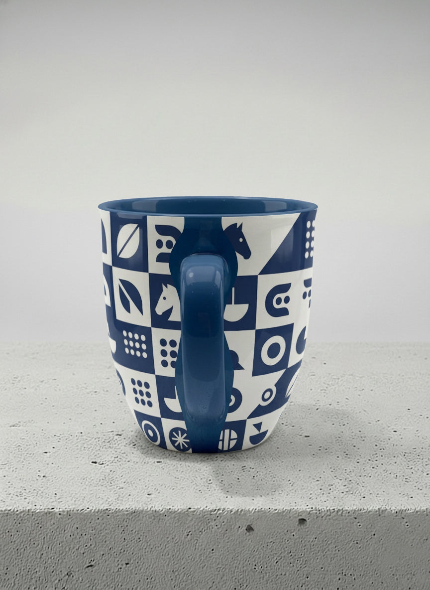 Ronny Mug | Multiversal Sigils side view mug, navy and white checkerboard pattern with icons, blue interior and handle, by Alan CL Lee - Gallery By Inhesion