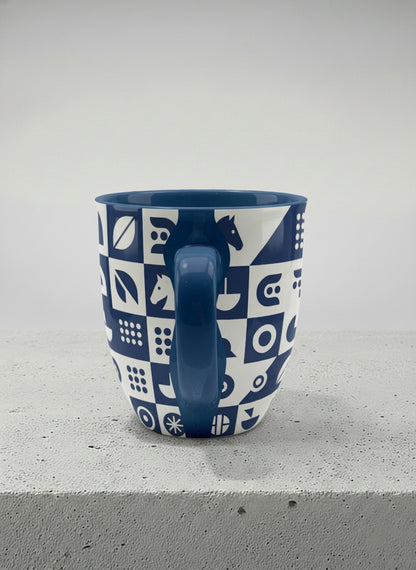 Ronny Mug | Multiversal Sigils side view mug, navy and white checkerboard pattern with icons, blue interior and handle, by Alan CL Lee - Gallery By Inhesion