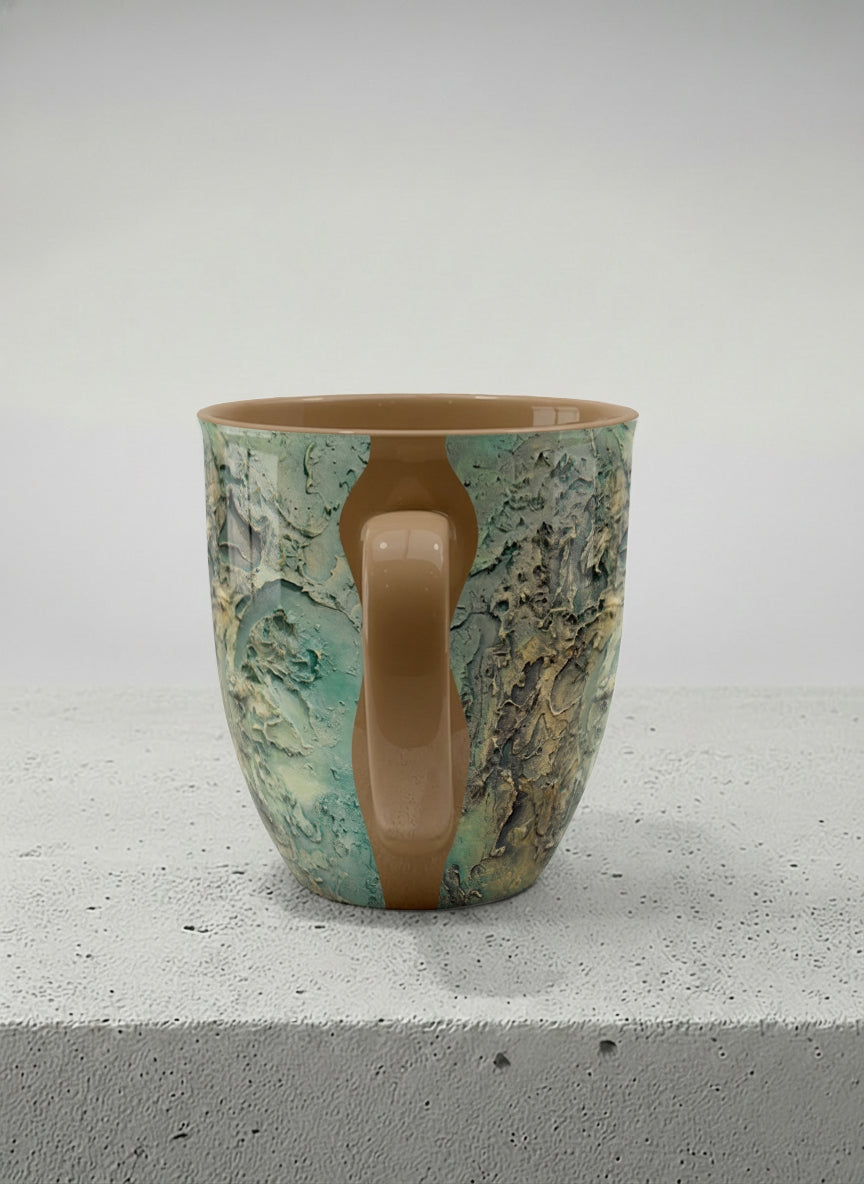 ronny mug | Green textured side view mug with earthy, weathered pattern and brown handle on a light surface by Mersedes Mein - Gallery By Inhesion