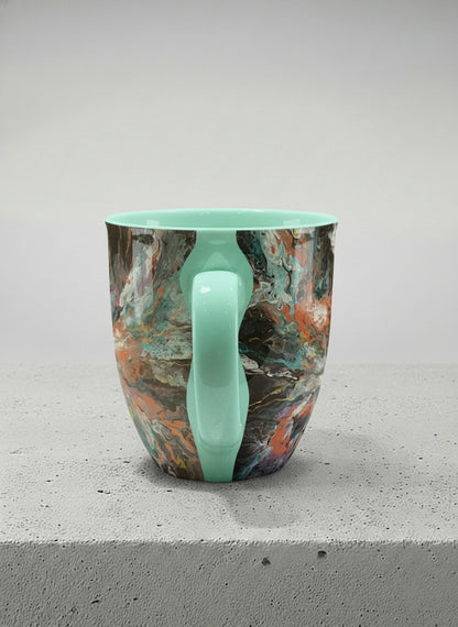 Ronny Mug | Winged Light side view mug showing a fluid art painting with swirling, multicolored design by Renee Pupetz - Gallery By Inhesion