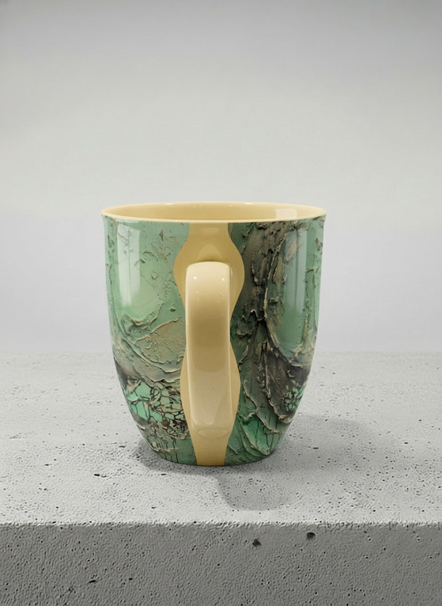 Ronny Mug | Emerald Magic side view mug showing abstract marbled pattern in green, gold, and earthy tones by Mersedes Mein - Gallery By Inhesion