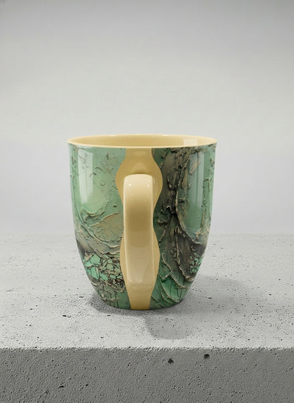 Ronny Mug | Emerald Magic side view mug showing abstract marbled pattern in green, gold, and earthy tones by Mersedes Mein - Gallery By Inhesion