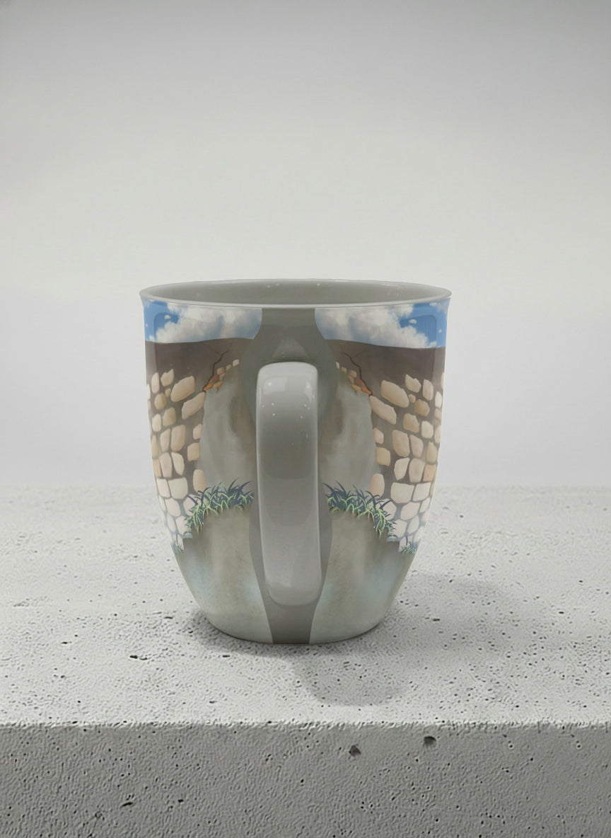 Ronny Mug | The Timeless Facade side view mug ancient stone walls rising under a bright blue sky with soft drifting clouds, clean pearl white interior and handle,  by Samuel Kwok Gallery By Inhesion