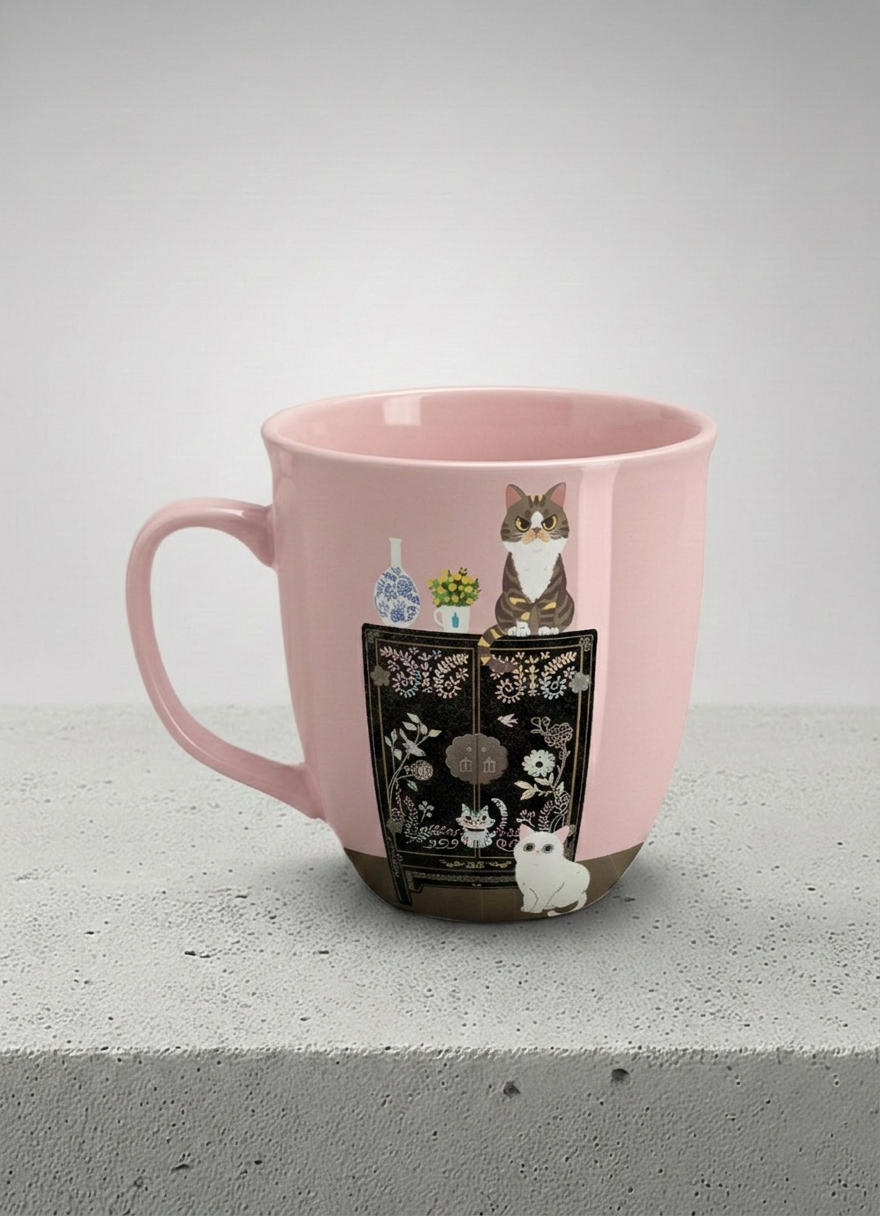 Ronny Mug | Korean Beauty & Felines left view mug cats by ornate black lacquer cabinet with floral carvings, blush pink interior, by Hyun Jung Cho