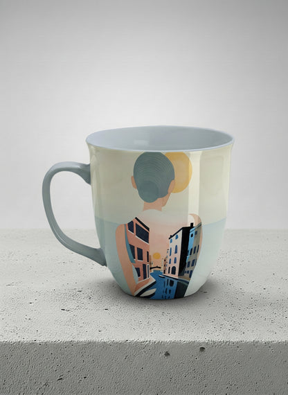 Ronny mug | Memory on the Bridge left view mug a solitary figure gazing over a sunlit Venetian canal lined with terracotta buildings, soft powder blue interior and handle, by KikaG - Gallery By Inhesion