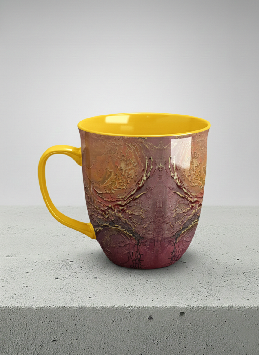 Ronny Mug | Fiery Arabesque left view mug showing abstract marbled pattern in earthy brown, red, and gold tones by Mersedes Mein - Gallery By Inhesion
