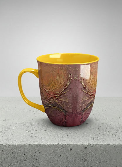 Ronny Mug | Fiery Arabesque left view mug showing abstract marbled pattern in earthy brown, red, and gold tones by Mersedes Mein - Gallery By Inhesion