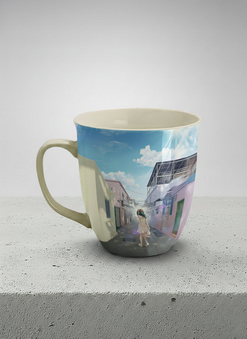 Ronny Mug | The Secret Passage left view mug showing a colorful street scene with a girl walking in a vibrant alley by Samuel Kwok - Gallery By Inhesion
