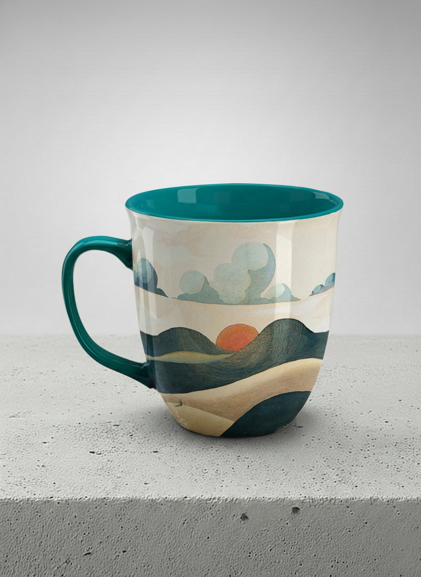 ronny mug | Share a Sunset left view  mug a lone figure walking through rolling sand dunes beneath a glowing orange sun and layered teal clouds, deep teal interior and handle, by KikaG - Gallery By Inhesion