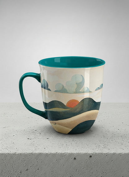 ronny mug | Share a Sunset left view  mug a lone figure walking through rolling sand dunes beneath a glowing orange sun and layered teal clouds, deep teal interior and handle, by KikaG - Gallery By Inhesion