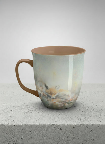 ronny mug | Lullaby left view mug, sleeping fox curled in a soft misty meadow, warm terracotta interior and handle, by Karina Mosser - Gallery By Inhesion