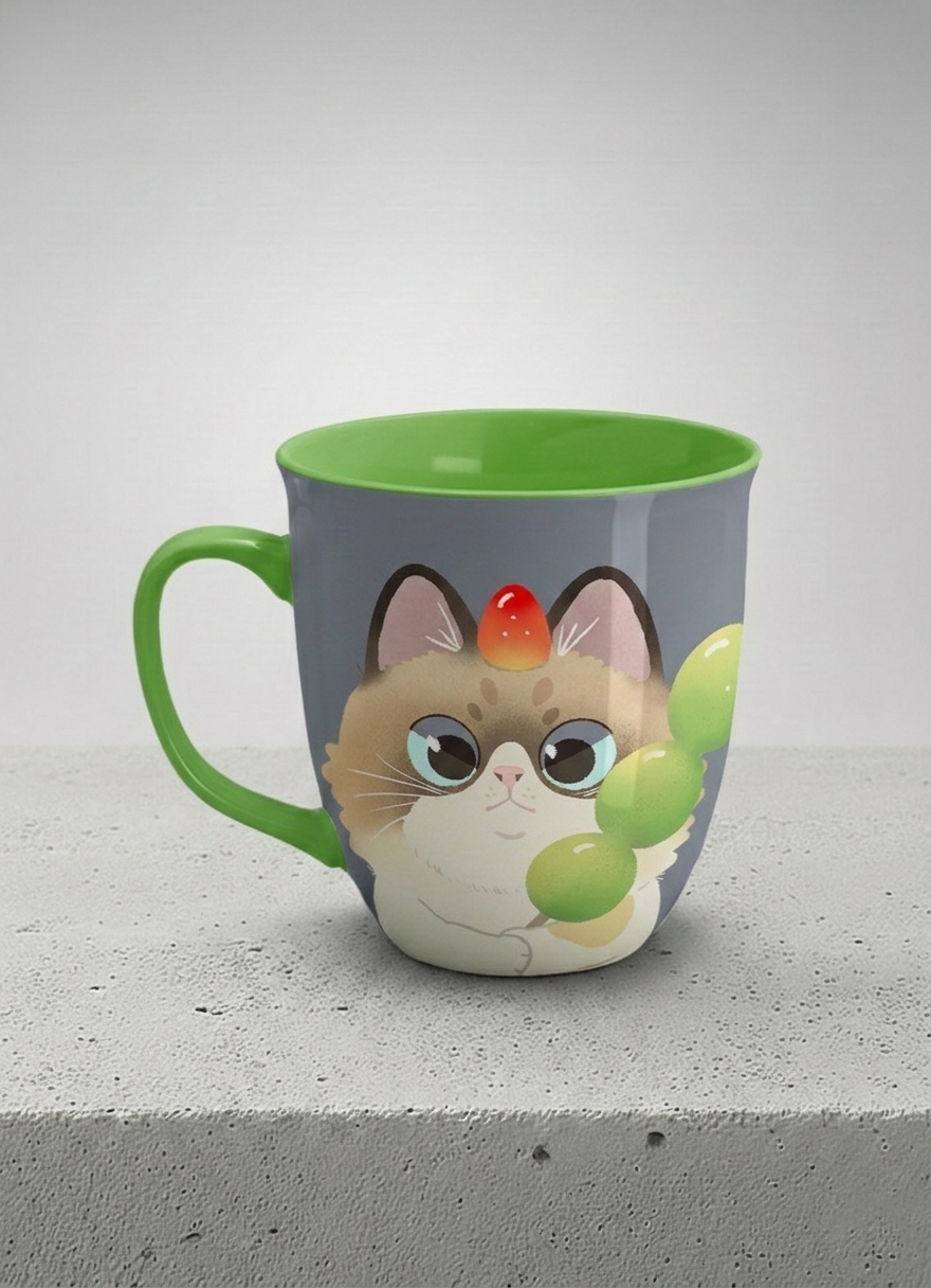 Ronny Mug | My Shiny Treat left view mug grumpy fluffy cat clutching green grapes, tiny red mushroom hat, slate blue background, green interior, by Hyun Jung Cho