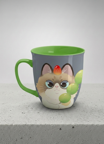 Ronny Mug | My Shiny Treat left view mug grumpy fluffy cat clutching green grapes, tiny red mushroom hat, slate blue background, green interior, by Hyun Jung Cho