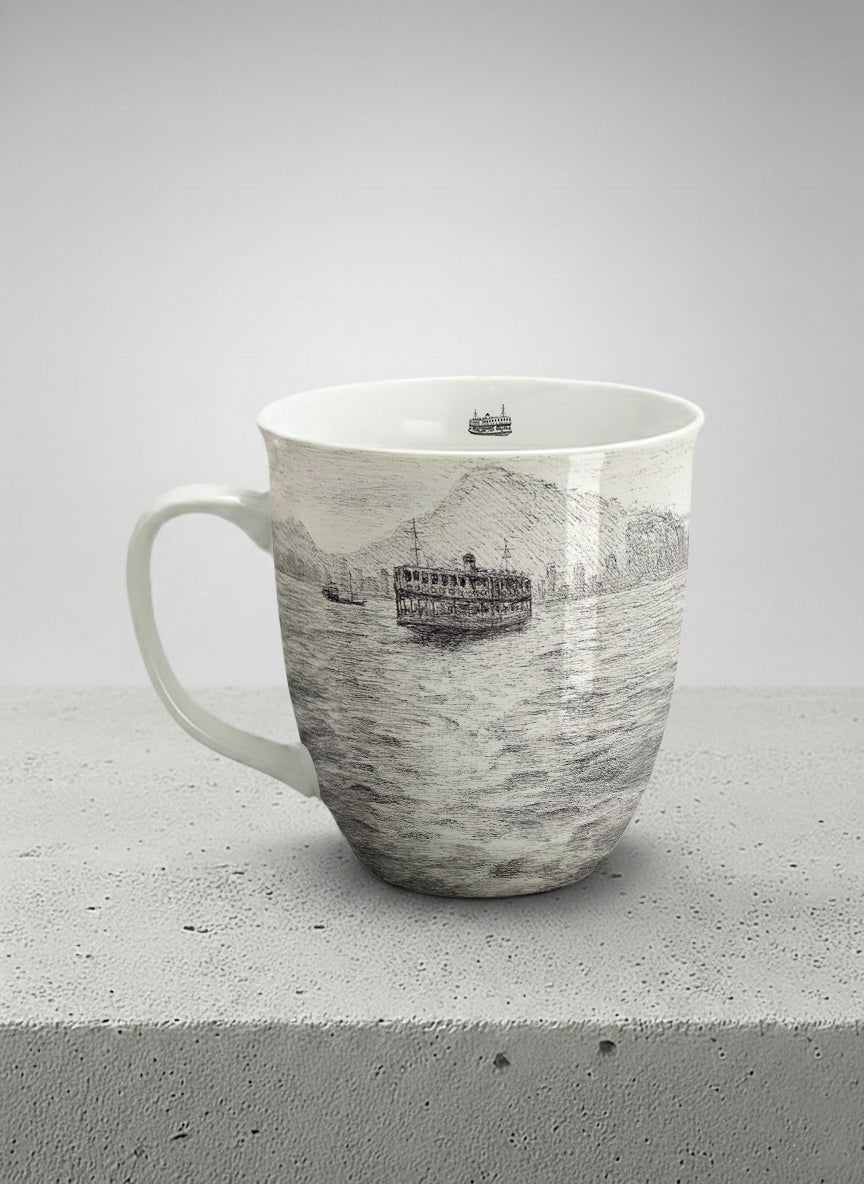 Ronny Mug | Shimmering Passage left view mug showing a pen drawing Star Ferry in Hong Kong by Samuel Kwok - Gallery By Inhesion