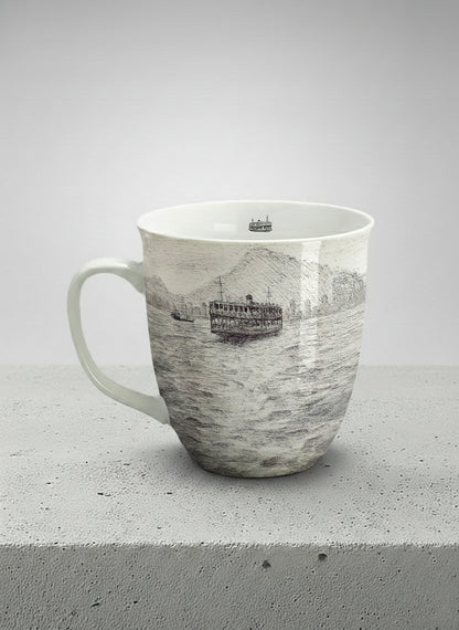 Ronny Mug | Shimmering Passage left view mug showing a pen drawing Star Ferry in Hong Kong by Samuel Kwok - Gallery By Inhesion