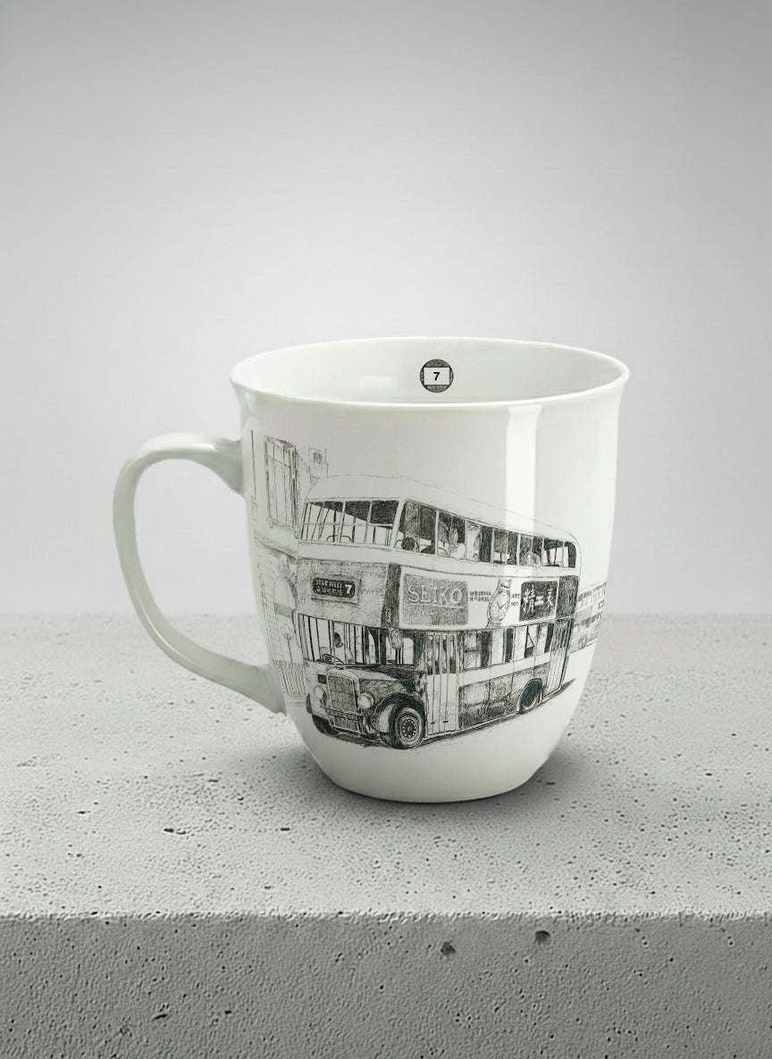 Ronny Mug | Lines of the Past  left view mug showing a pen drawing bus in Hong Kong by Samuel Kwok - Gallery By Inhesion