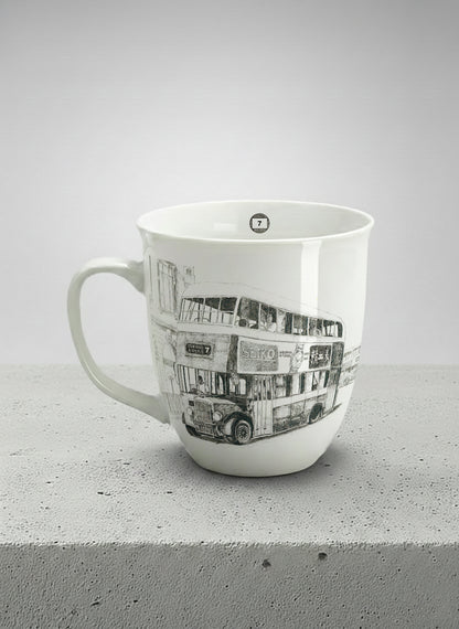 Ronny Mug | Lines of the Past  left view mug showing a pen drawing bus in Hong Kong by Samuel Kwok - Gallery By Inhesion