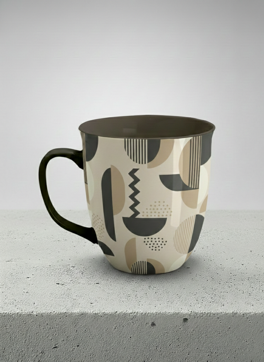 Ronny Mug | Parallel Dune Echo left view mug, beige and charcoal geometric shapes with dots and stripes, dark interior and handle, by Alan CL Lee - Gallery By Inhesion