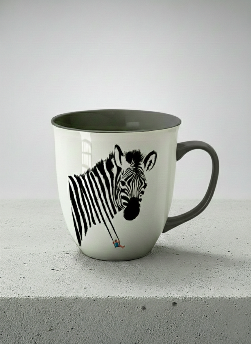Ronny Mug | Swinging between reality and illusion left view mug with a zebra illustration and a person swinging under it by Tang Yau Hoong - Gallery By Inhesion