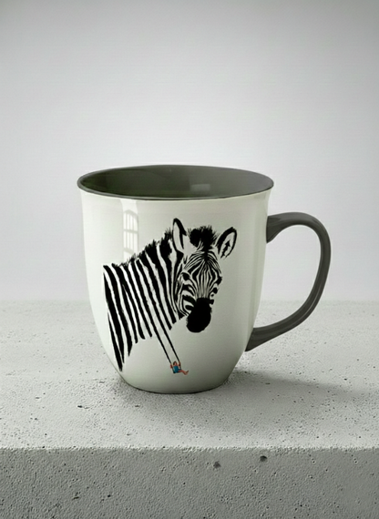 Ronny Mug | Swinging between reality and illusion left view mug with a zebra illustration and a person swinging under it by Tang Yau Hoong - Gallery By Inhesion