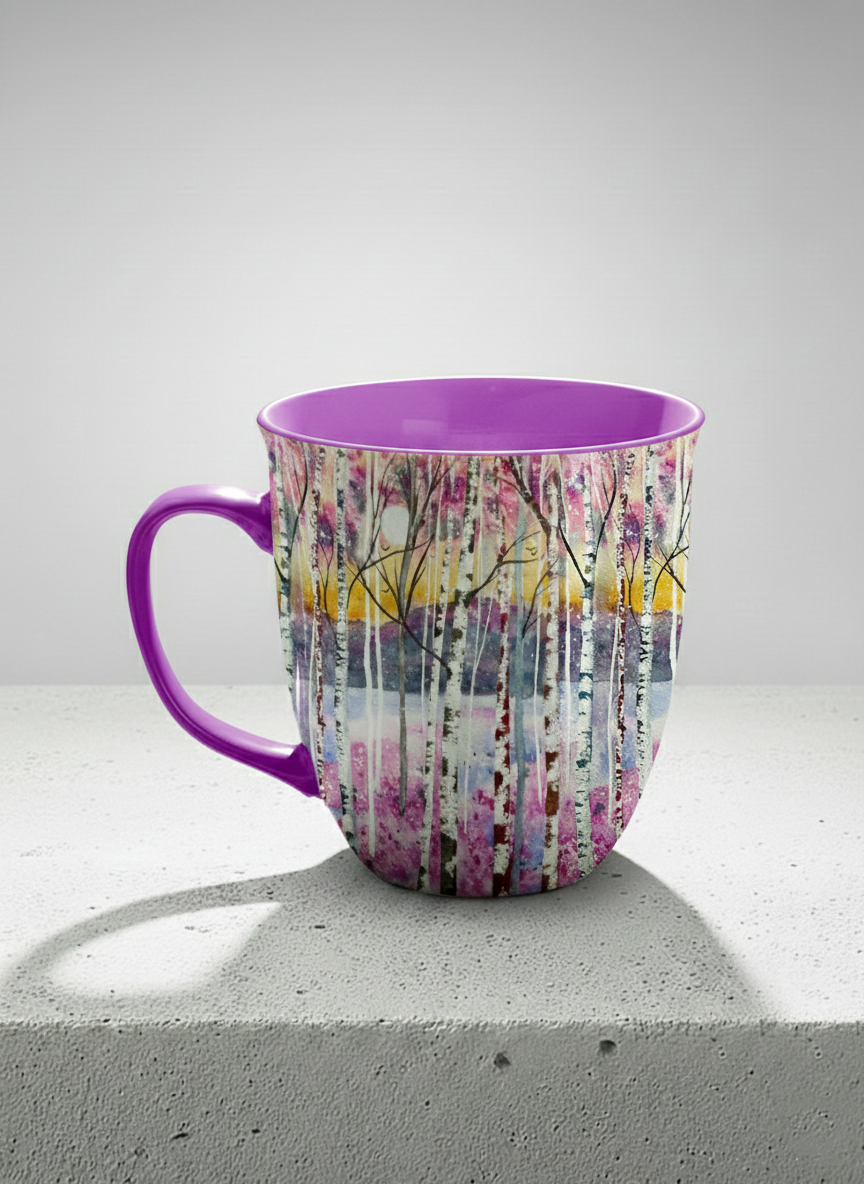 ronny Mug | Living in Colour left view mug shows colorful watercolor birch trees in a dreamy forest landscape by Renee Pupetz - Gallery By Inhesion