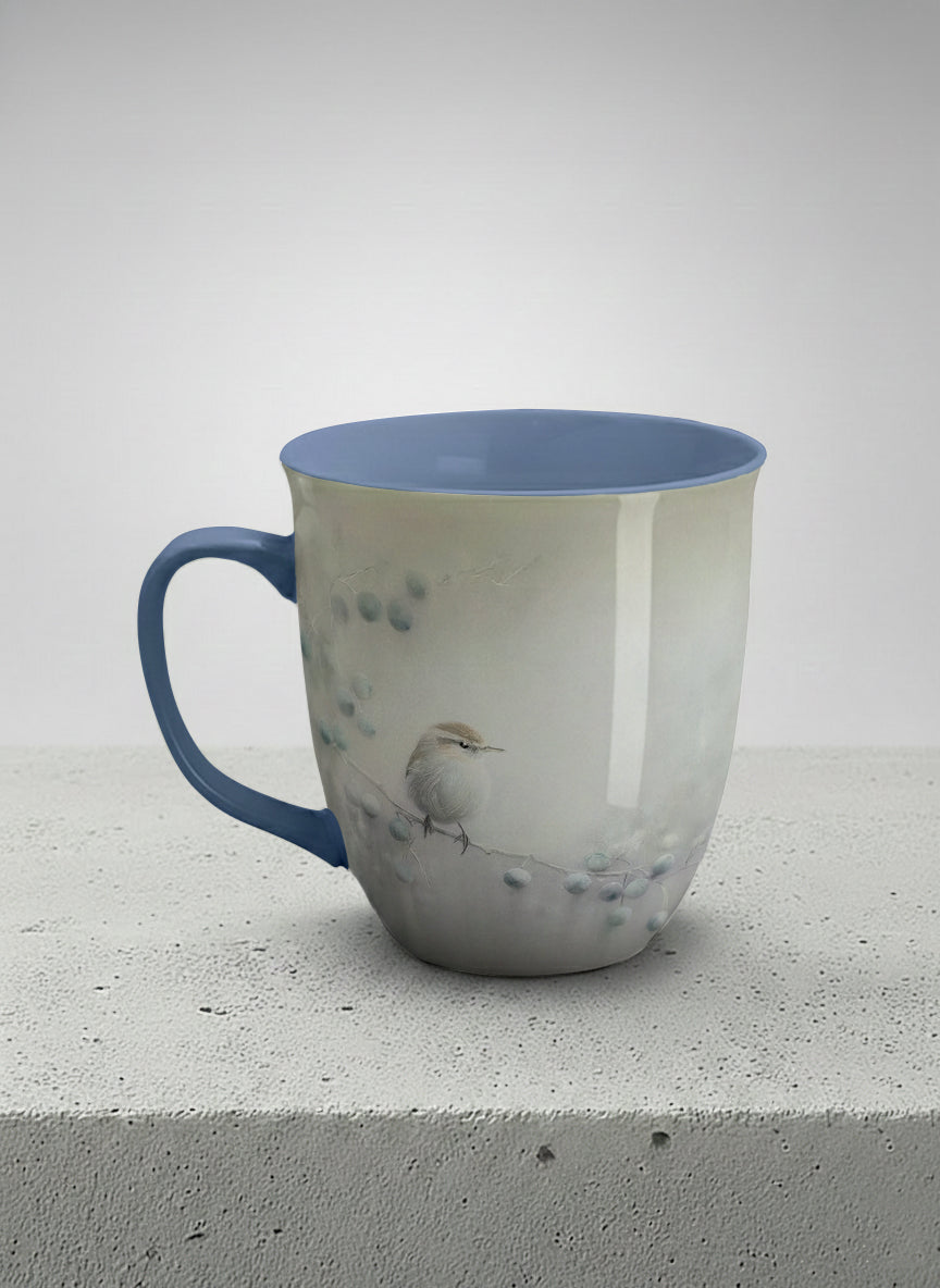 Ronny mug | A Quiet Moment left view mug, solitary bird perched in a soft misty landscape with delicate dot details, dusty blue interior and handle, by Karina Mosser - Gallery By Inhesion