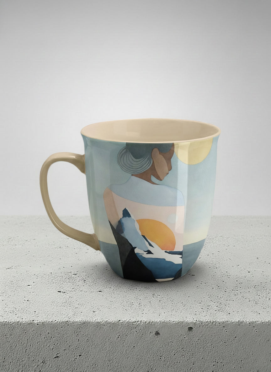 ronny mug | A Mountain to Climb left view mug woman gazing over jagged peaks and a golden sun on teal horizon, butter yellow interior, by KikaG - Gallery By Inhesion