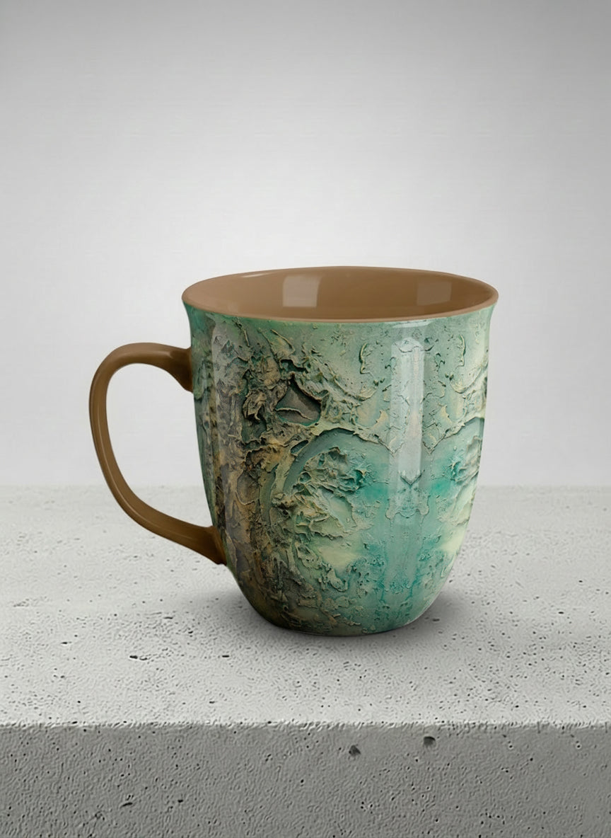 ronny mug | Green textured left view mug with earthy, weathered pattern and brown handle on a light surface by Mersedes Mein - Gallery By Inhesion