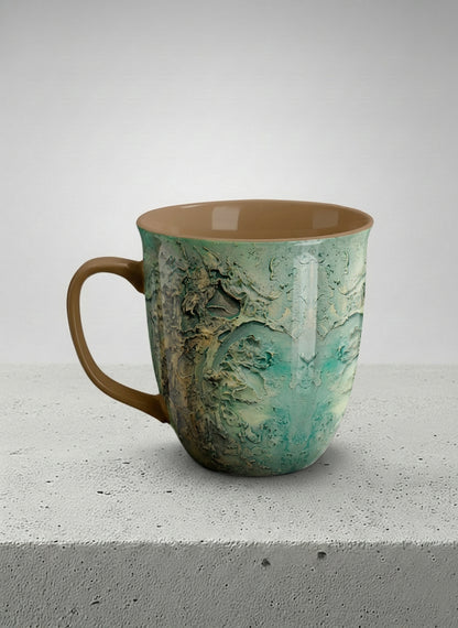 ronny mug | Green textured left view mug with earthy, weathered pattern and brown handle on a light surface by Mersedes Mein - Gallery By Inhesion