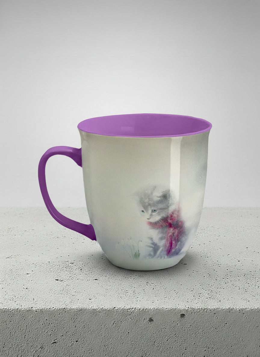 ronny mug | Waiting for Spring left view mug, a tiny kitten in a burgundy scarf sitting in a soft misty meadow, dusty rose interior and handle, by Karina Mosser - Gallery By Inhesion