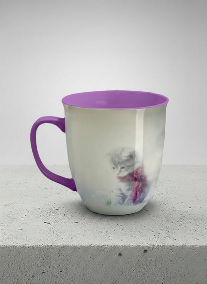 ronny mug | Waiting for Spring left view mug, a tiny kitten in a burgundy scarf sitting in a soft misty meadow, dusty rose interior and handle, by Karina Mosser - Gallery By Inhesion