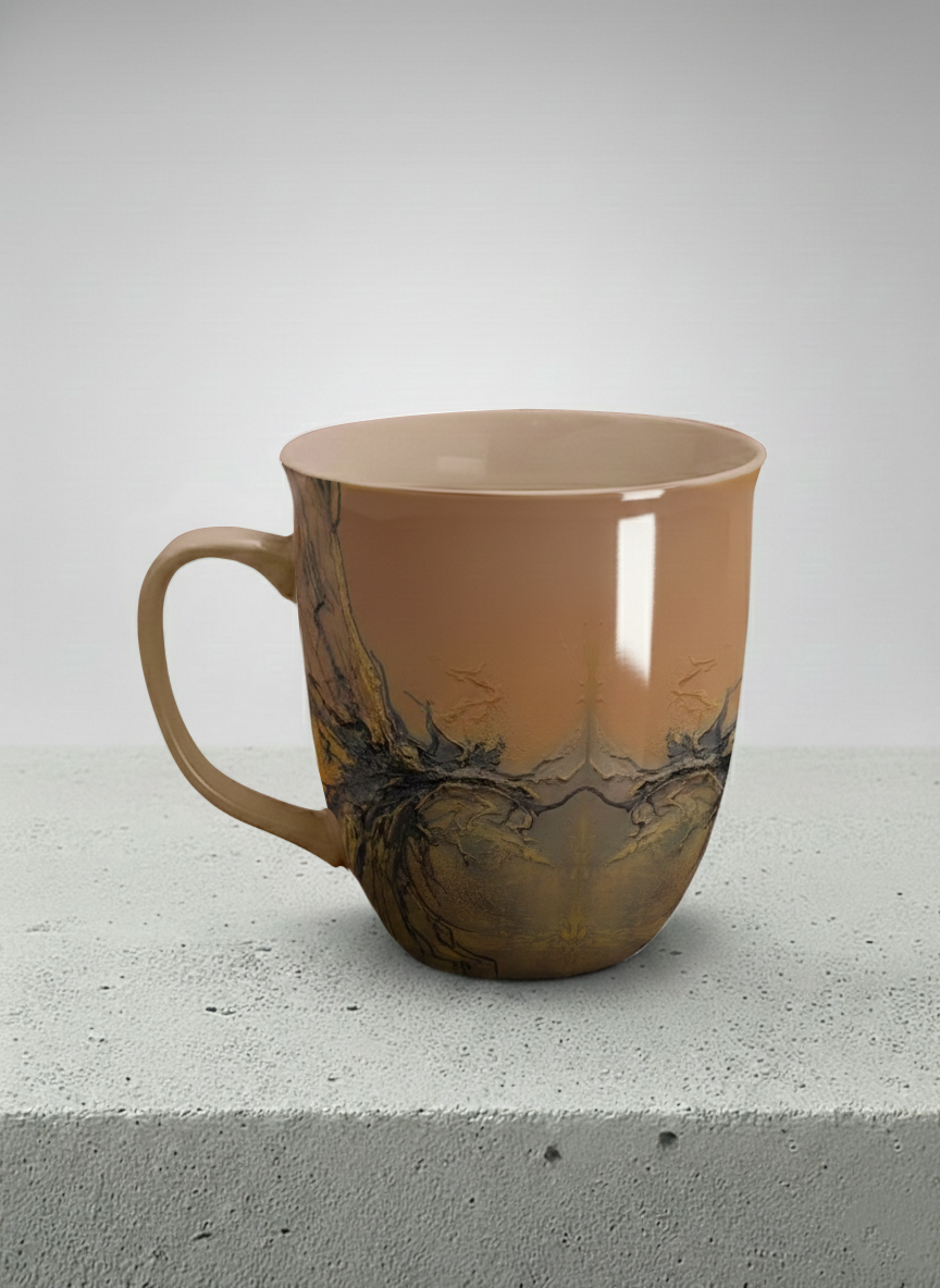 Ronny Mug | Flowing Essence left view mug showing abstract marbled pattern in brown, black, and gold tones by Mersedes Mein - Gallery By Inhesion