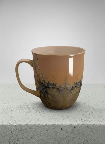 Ronny Mug | Flowing Essence left view mug showing abstract marbled pattern in brown, black, and gold tones by Mersedes Mein - Gallery By Inhesion