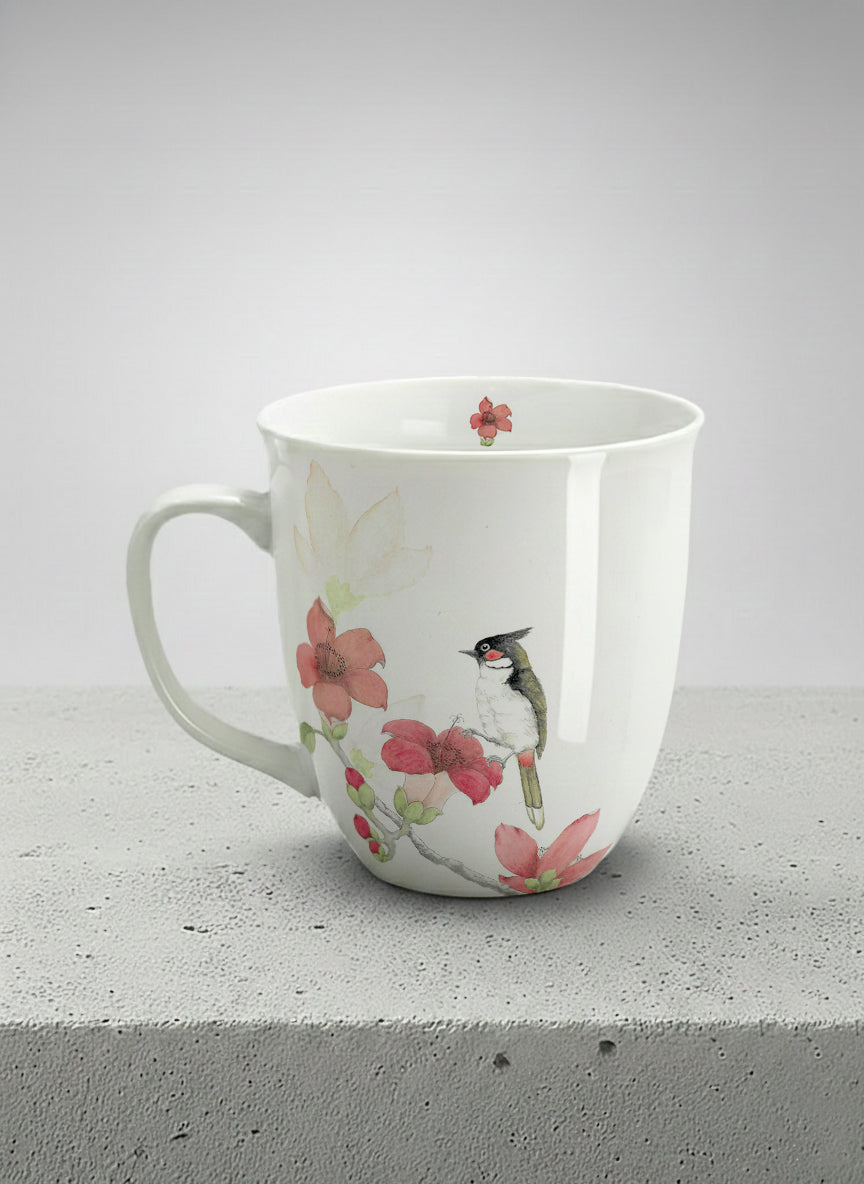 Ronny Mug | The Radiance of Red Kapok left view mug with watercolor illustration of a red bird and pink flowers artwork by Alice Wong - Gallery By Inhesion