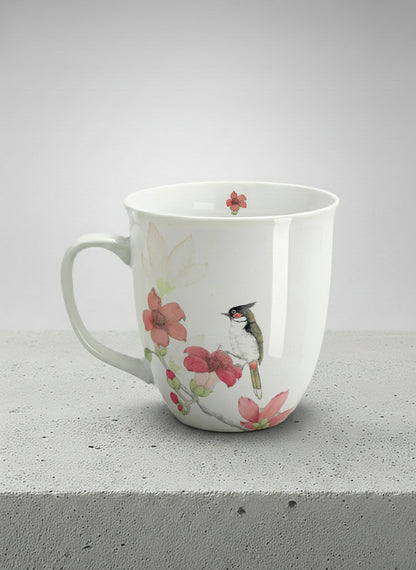 Ronny Mug | The Radiance of Red Kapok left view mug with watercolor illustration of a red bird and pink flowers artwork by Alice Wong - Gallery By Inhesion
