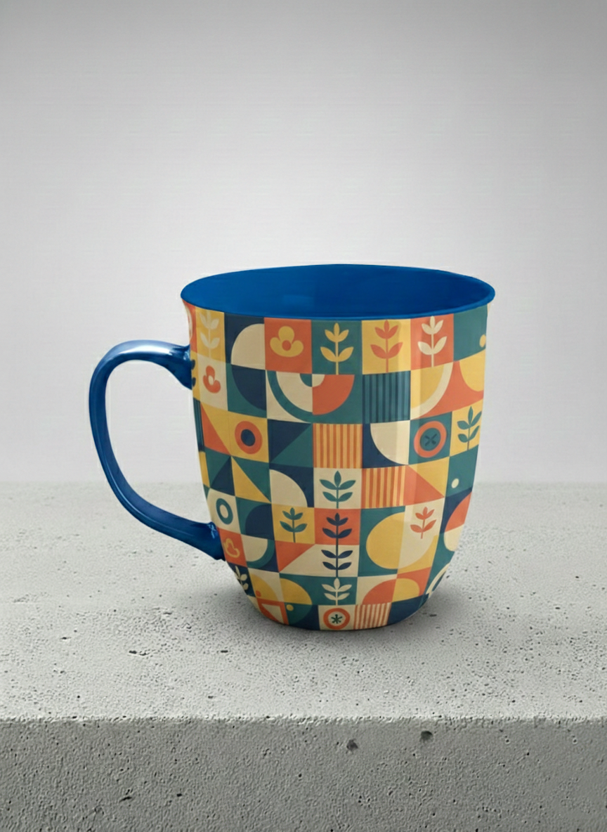Ronny Mug | Bloom Across Realities left view mug, bold geometric pattern, blue interior and handle, concrete surface  by Alan CL Lee - Gallery By Inhesion