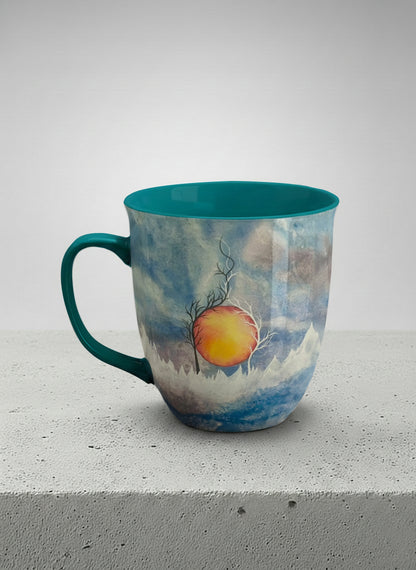 ronny mug | Sun Rise left view mug with a colorful sun rise over a misty landscape and abstract trees by Renee Pupetz - Gallery By Inhesion